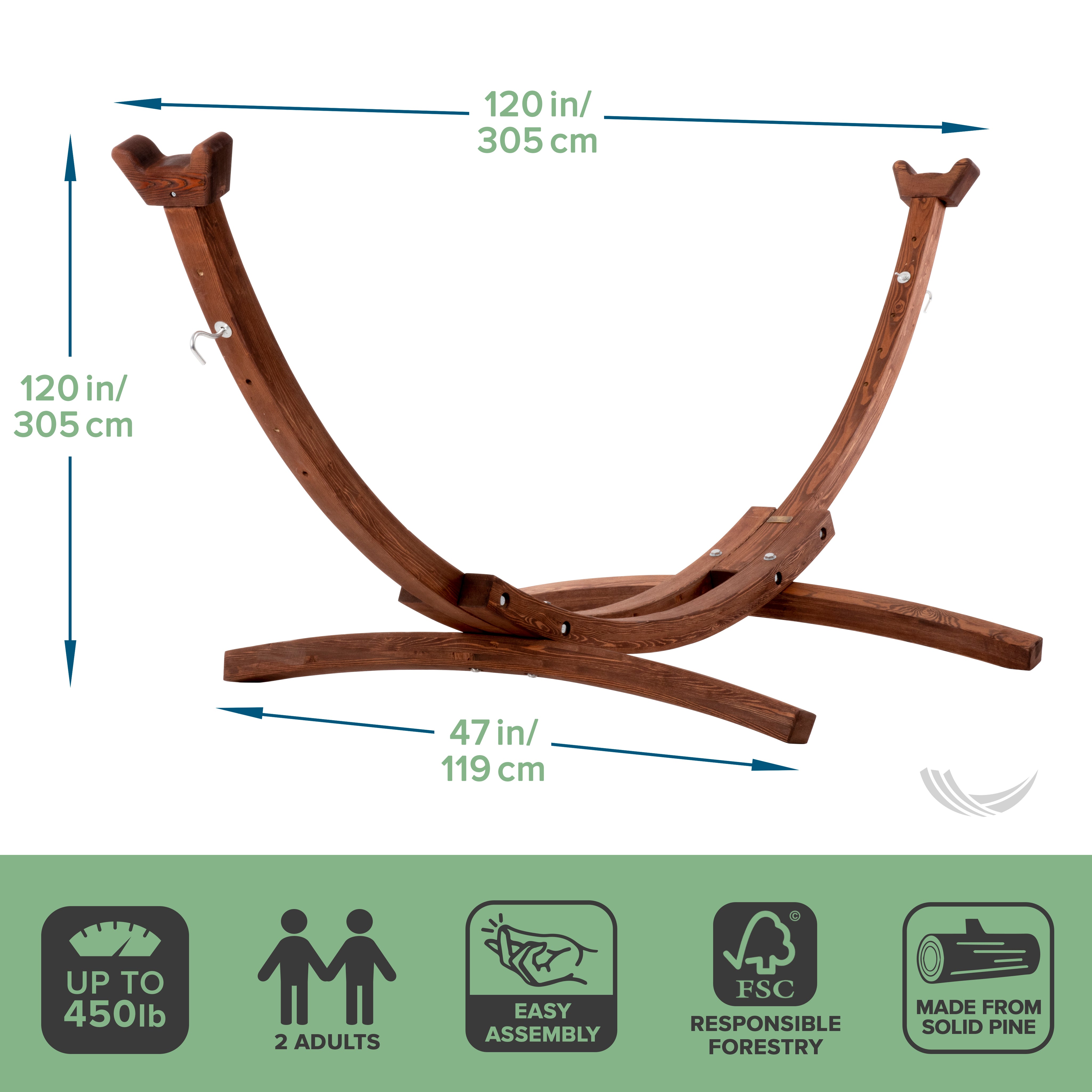 Solid Pine Arc Hammock Stand (305 cm) - Brown