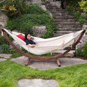 Double Cotton Hammock with Solid Pine Stand (260cm) - Natural with Fringe