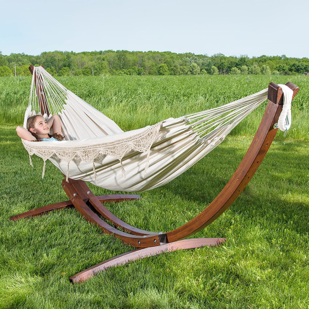 Double Cotton Hammock with Solid Pine Stand (260cm) - Natural with Fringe