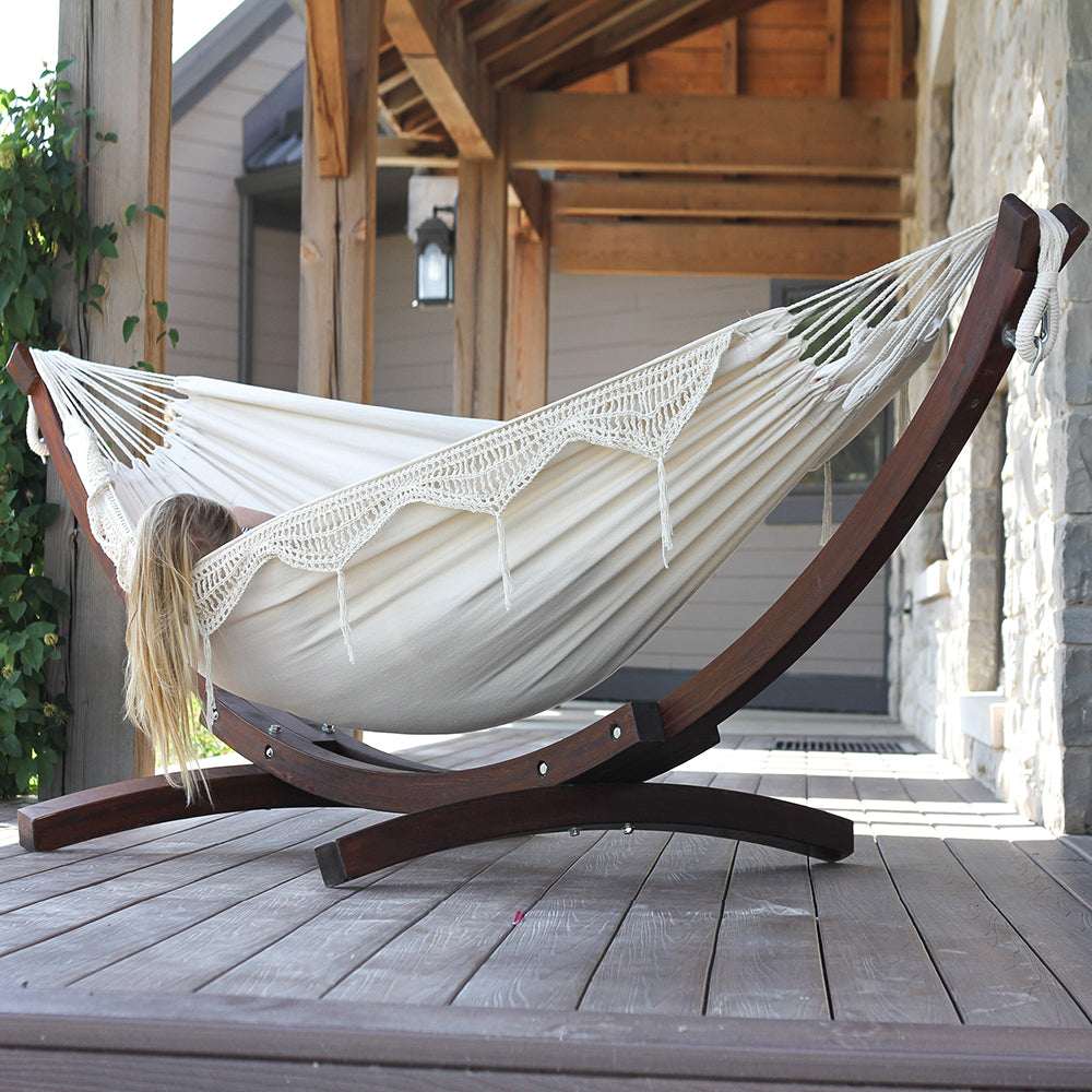 Double Cotton Hammock with Solid Pine Stand (260cm) - Natural with Fringe