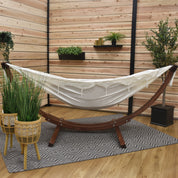 Double Cotton Hammock with Solid Pine Stand (260cm) - Natural with Fringe