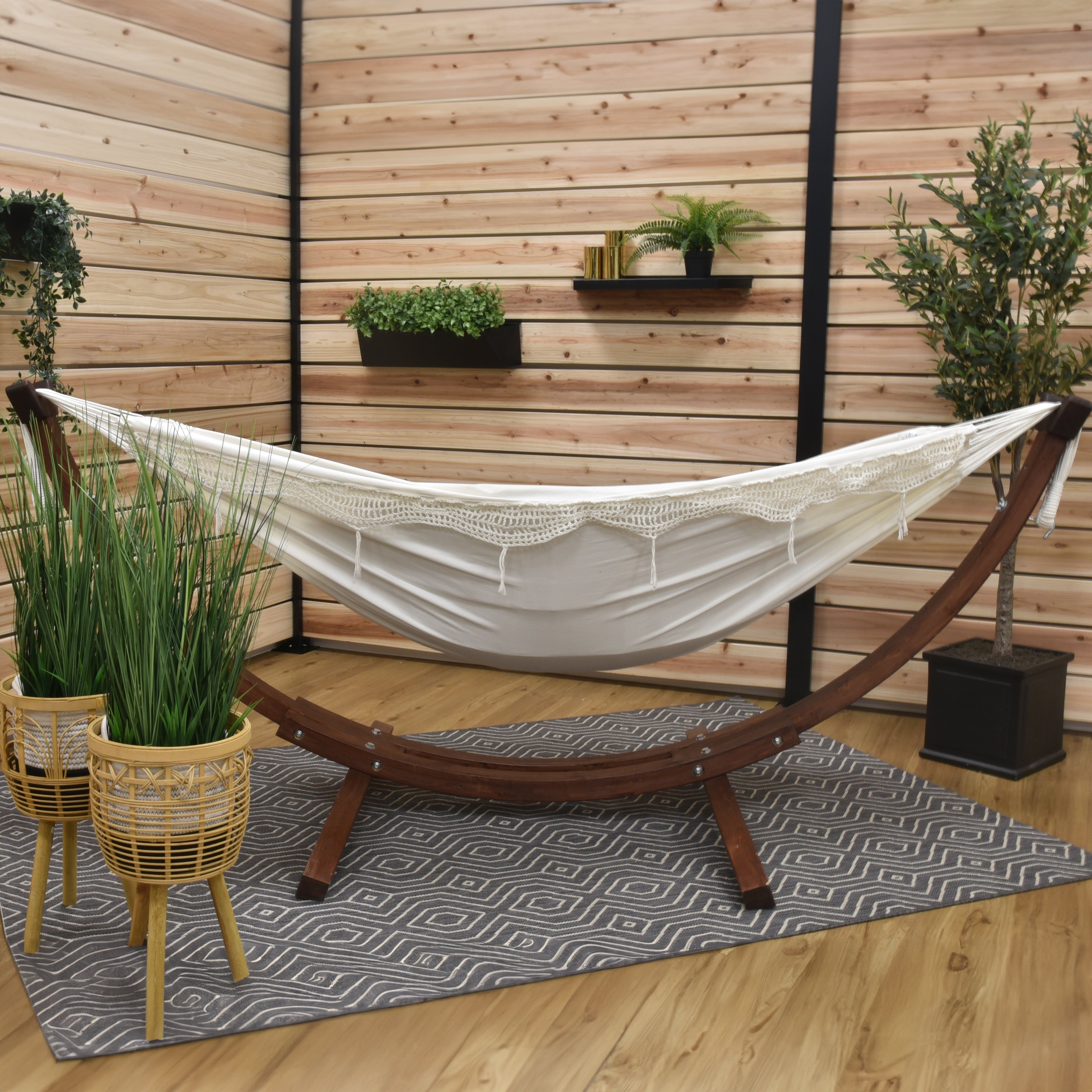 Double Cotton Hammock with Solid Pine Stand (260cm) - Natural with Fringe