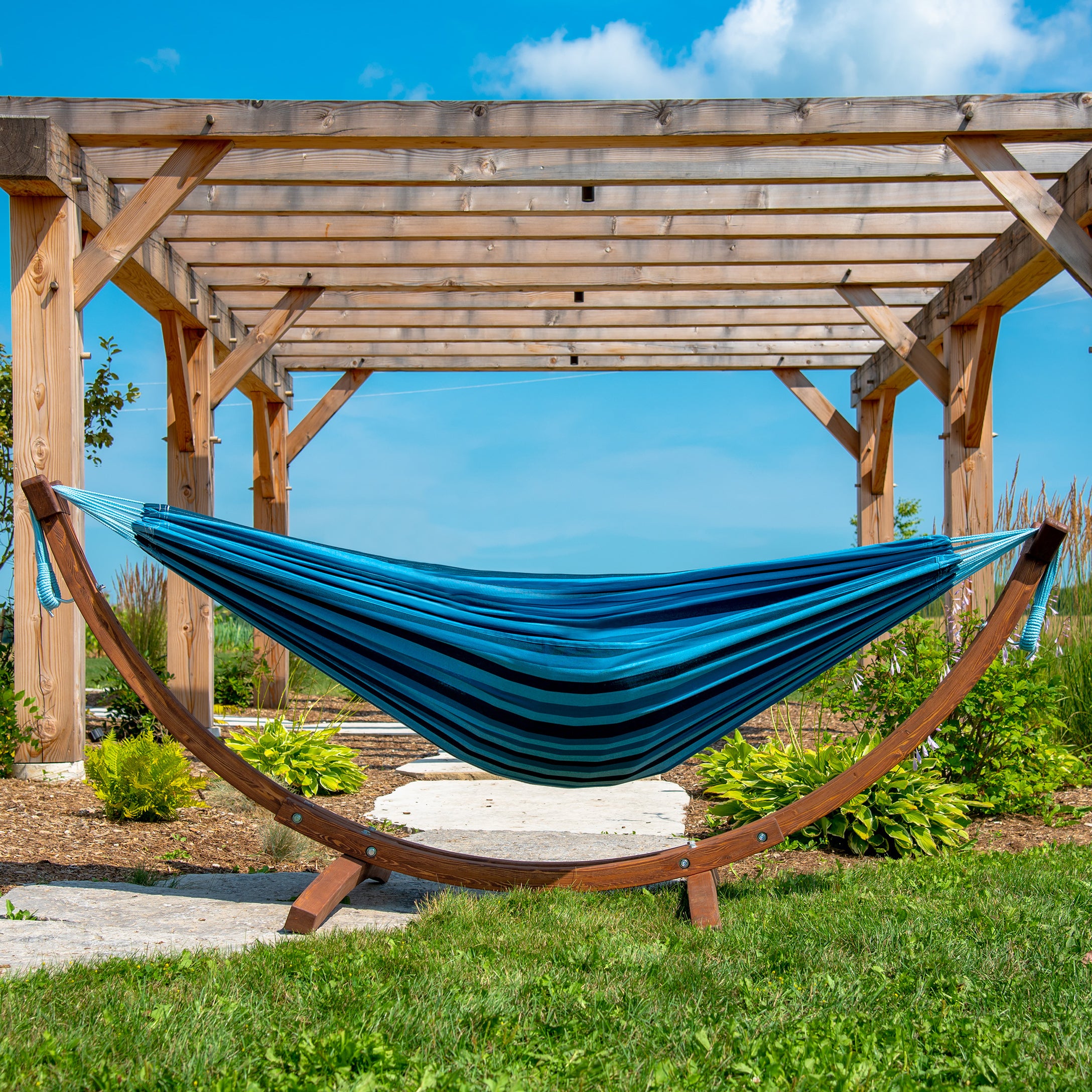 Double Cotton Hammock with Solid Pine Stand (260cm) - Blue Lagoon