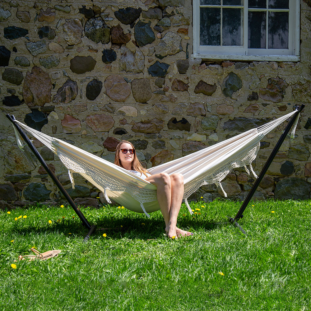 Double Cotton Hammock with Stand (250cm) - Natural with Fringe