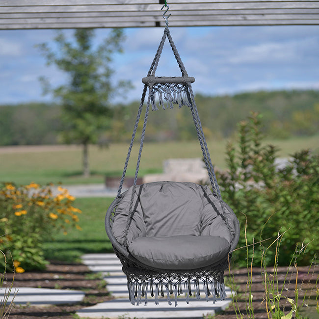 Deluxe Polyester Macrame Chair With Fringe Fog Grey