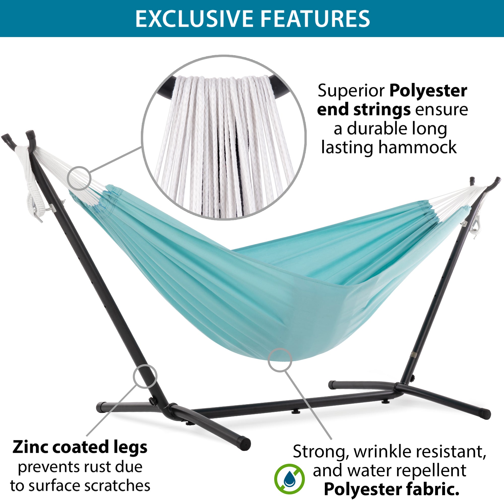 Double Polyester Hammock with Stand (280cm) - Aqua