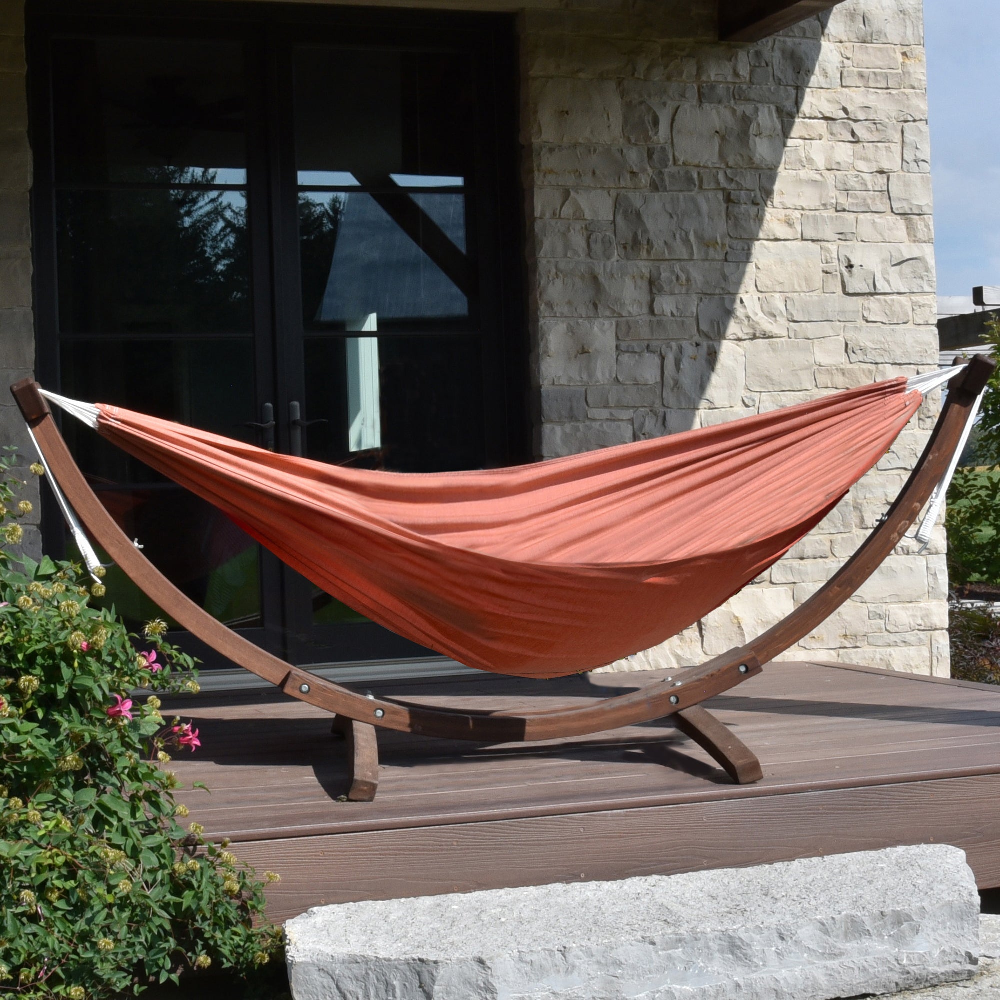 Double Sunbrella® Hammock with Solid Pine Stand (260cm) - Coral