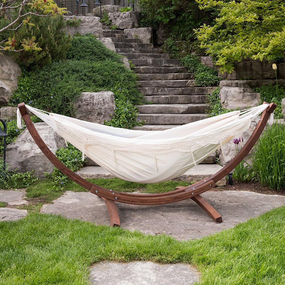 Double Cotton Hammock with Solid Pine Stand (260cm) - Tropical