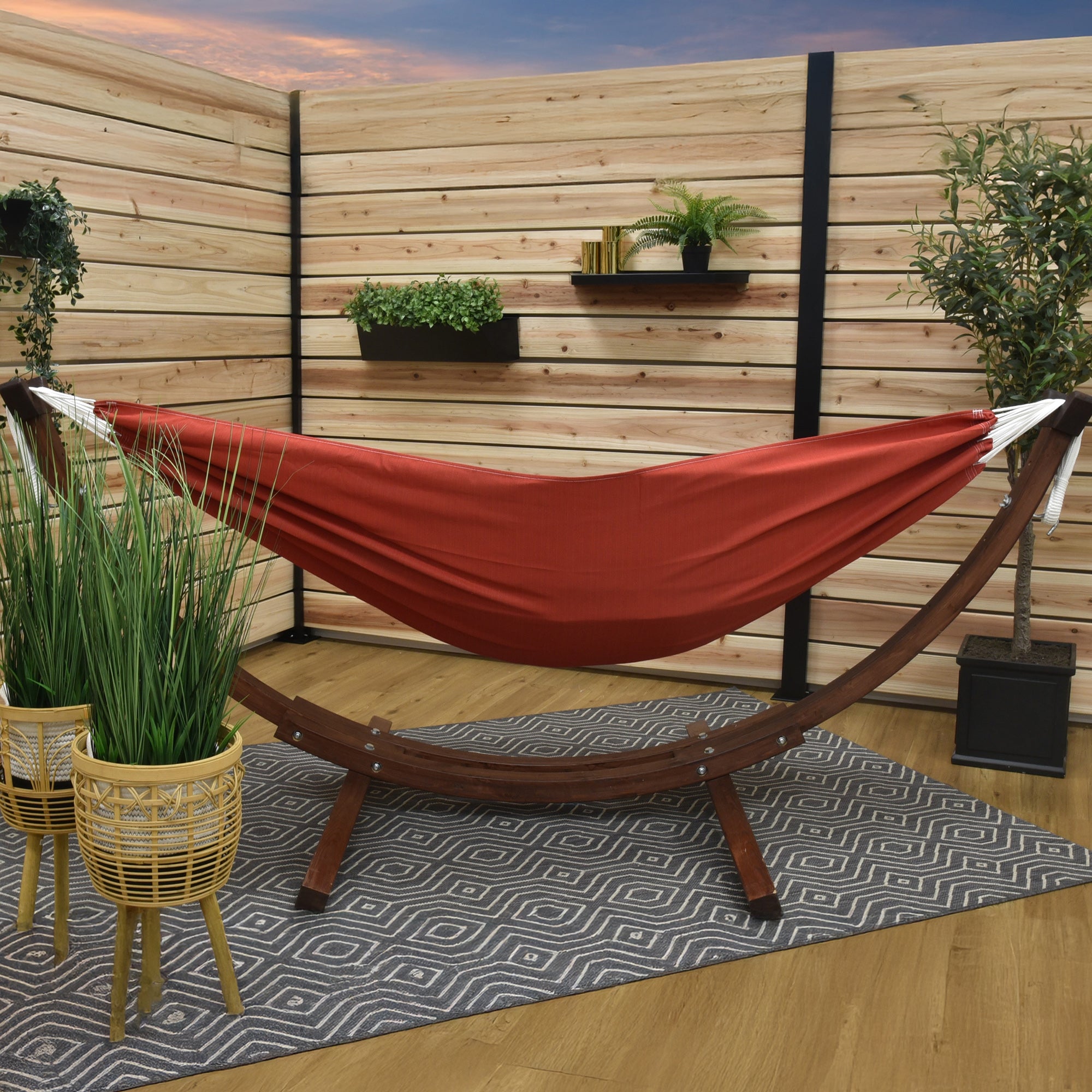 Double Sunbrella® Hammock with Solid Pine Stand (260cm) - Crimson