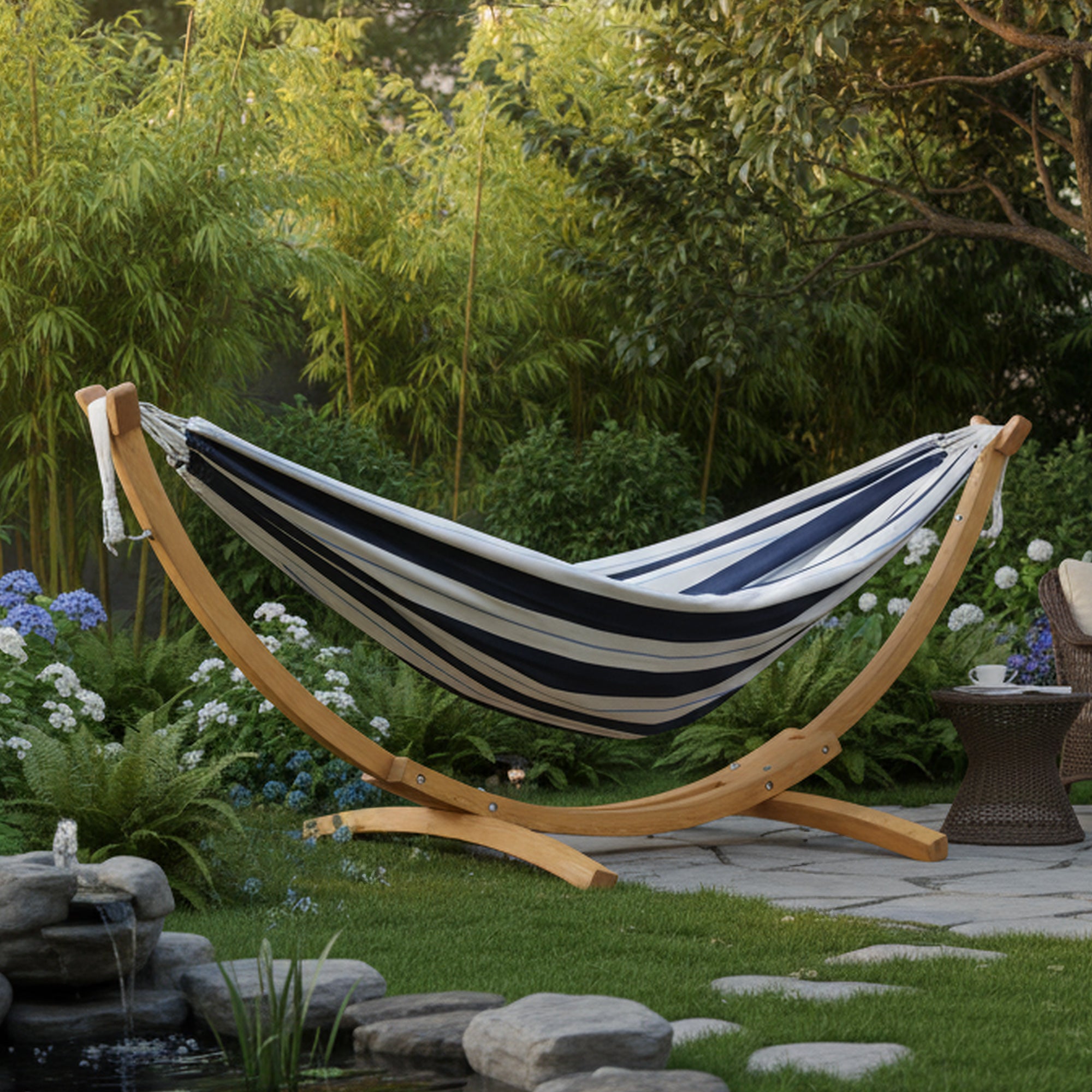 Double Cotton Hammock with Solid Pine Stand (260cm) - Harbor