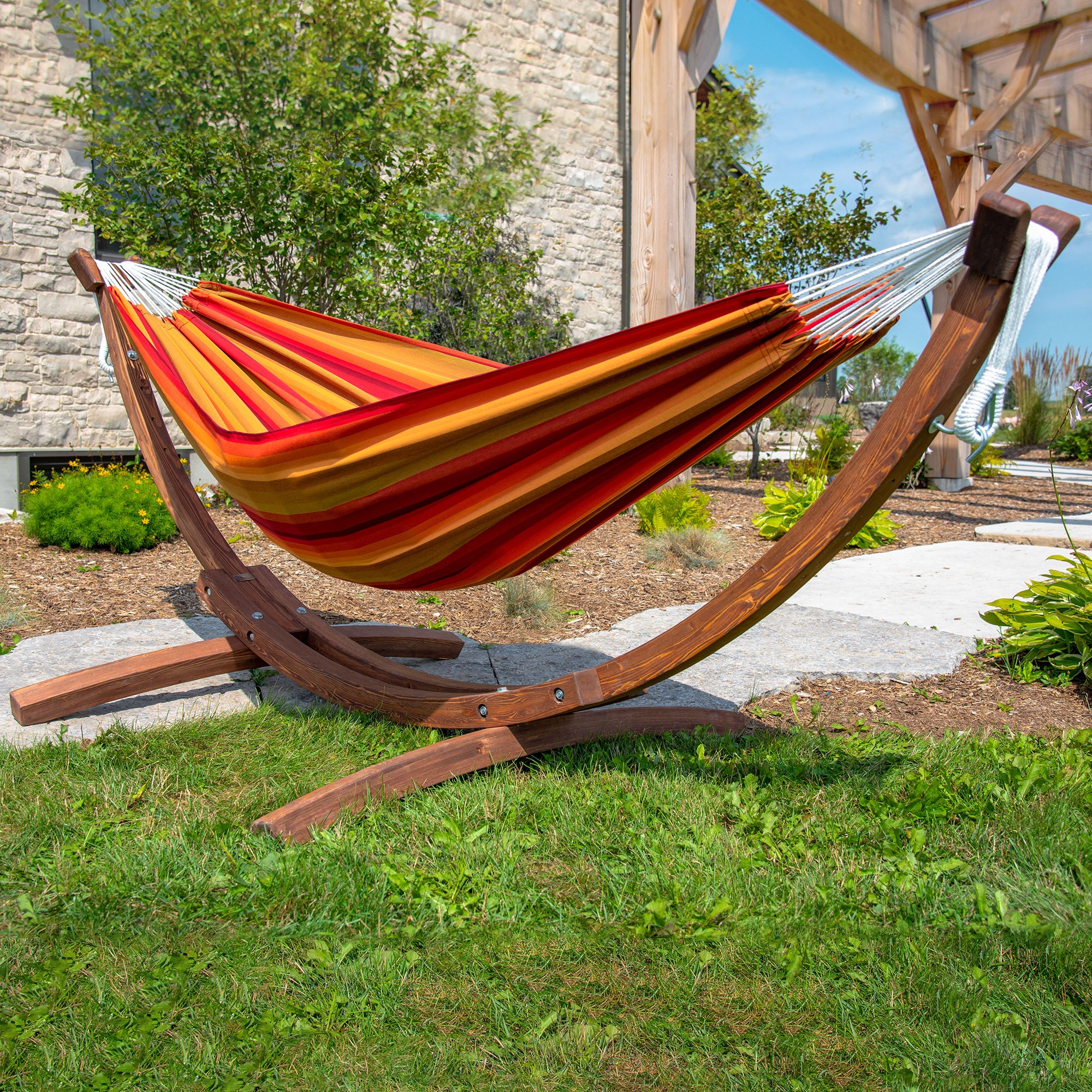 Double Sunbrella® Hammock with Solid Pine Stand (260cm) - Sunset