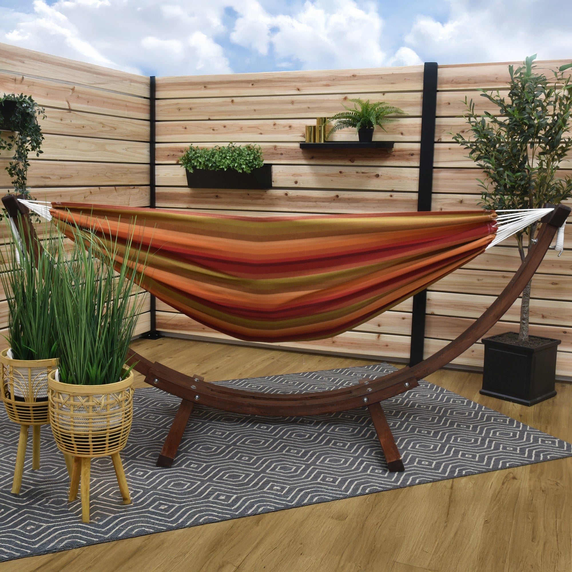 Double Sunbrella® Hammock with Solid Pine Stand (260cm) - Sunset