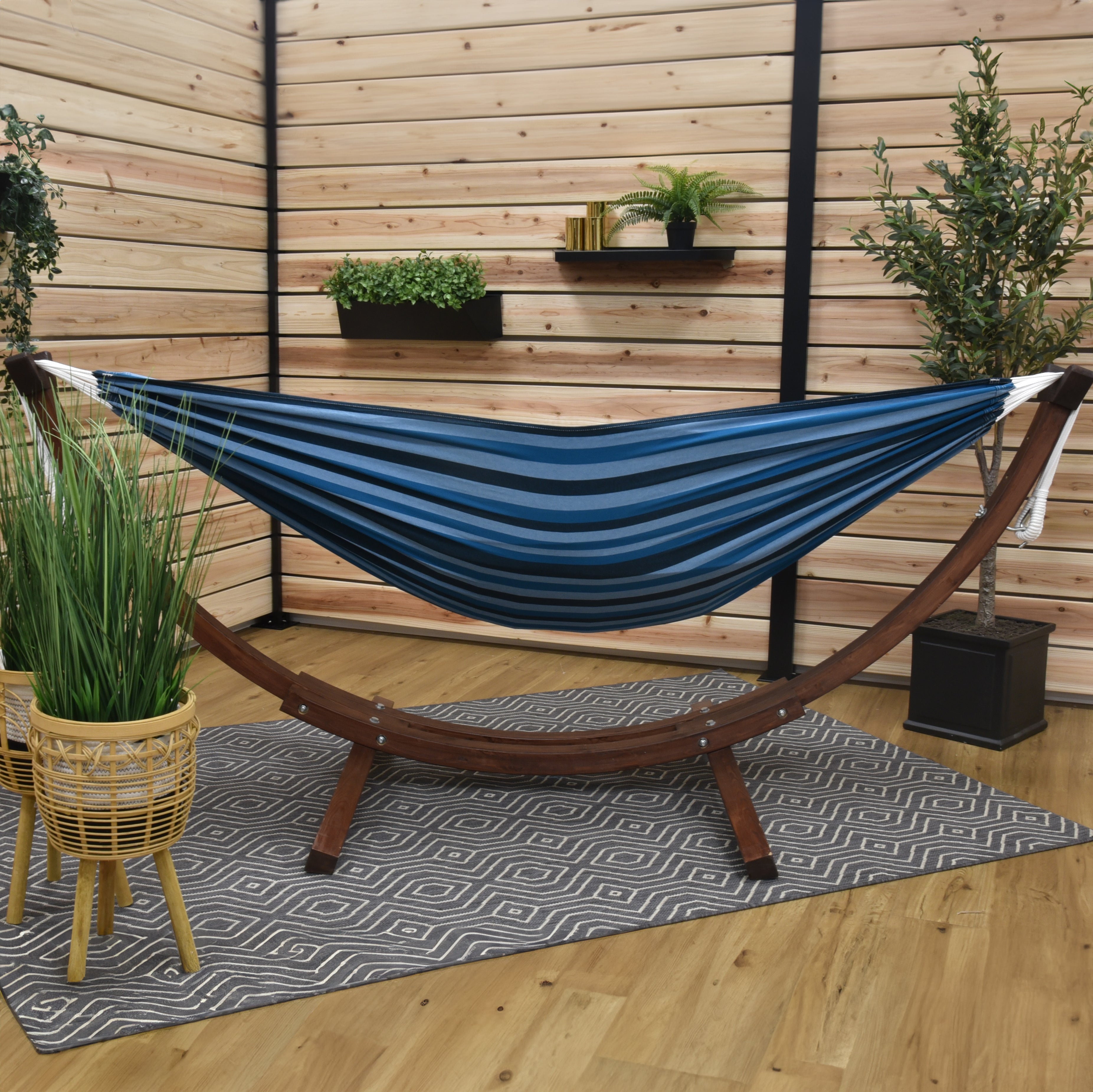 Double Cotton Hammock with Solid Pine Stand (260cm) - Blue Lagoon