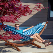 Double Cotton Hammock with Solid Pine Stand (260cm) - Blue Lagoon
