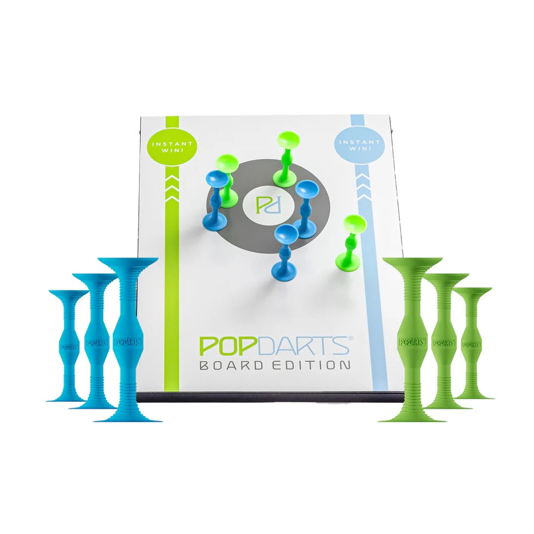 Pop Darts Board Edition with blue and green darts on a white background