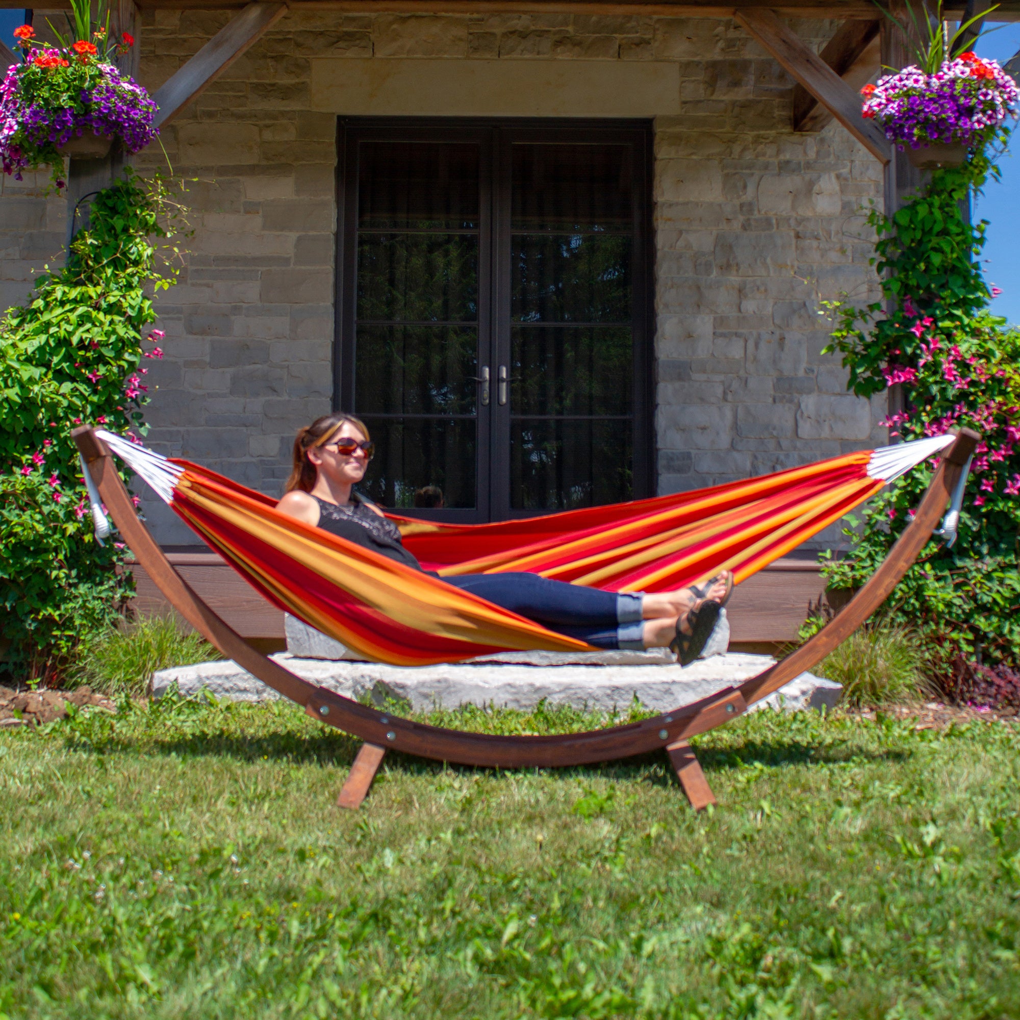 Double Sunbrella® Hammock with Solid Pine Stand (260cm) - Sunset