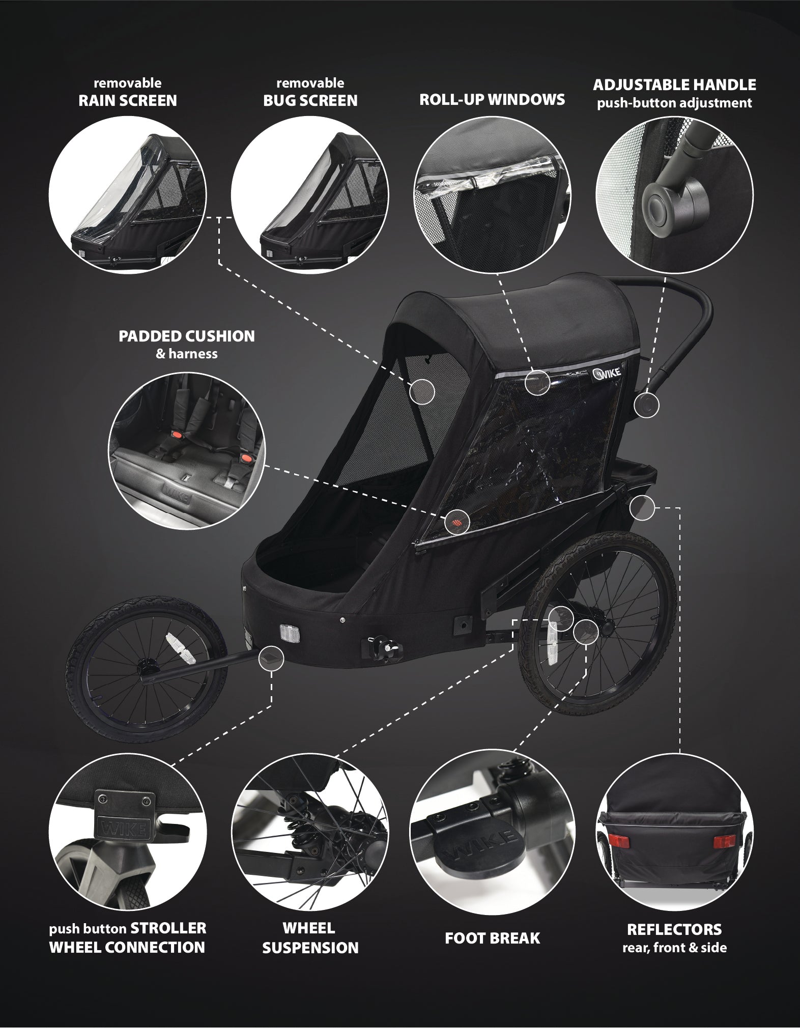 Wike Premium Suspension Children's Bike Trailer with Stroller & Jogging Kit - Black