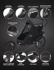 Wike Premium Suspension Children's Bike Trailer with Stroller & Jogging Kit - Black