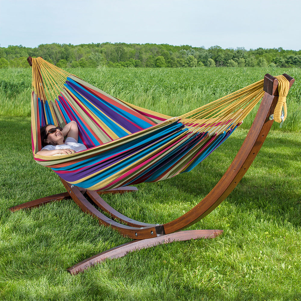 Double Cotton Hammock with Solid Pine Stand (260cm) - Tropical