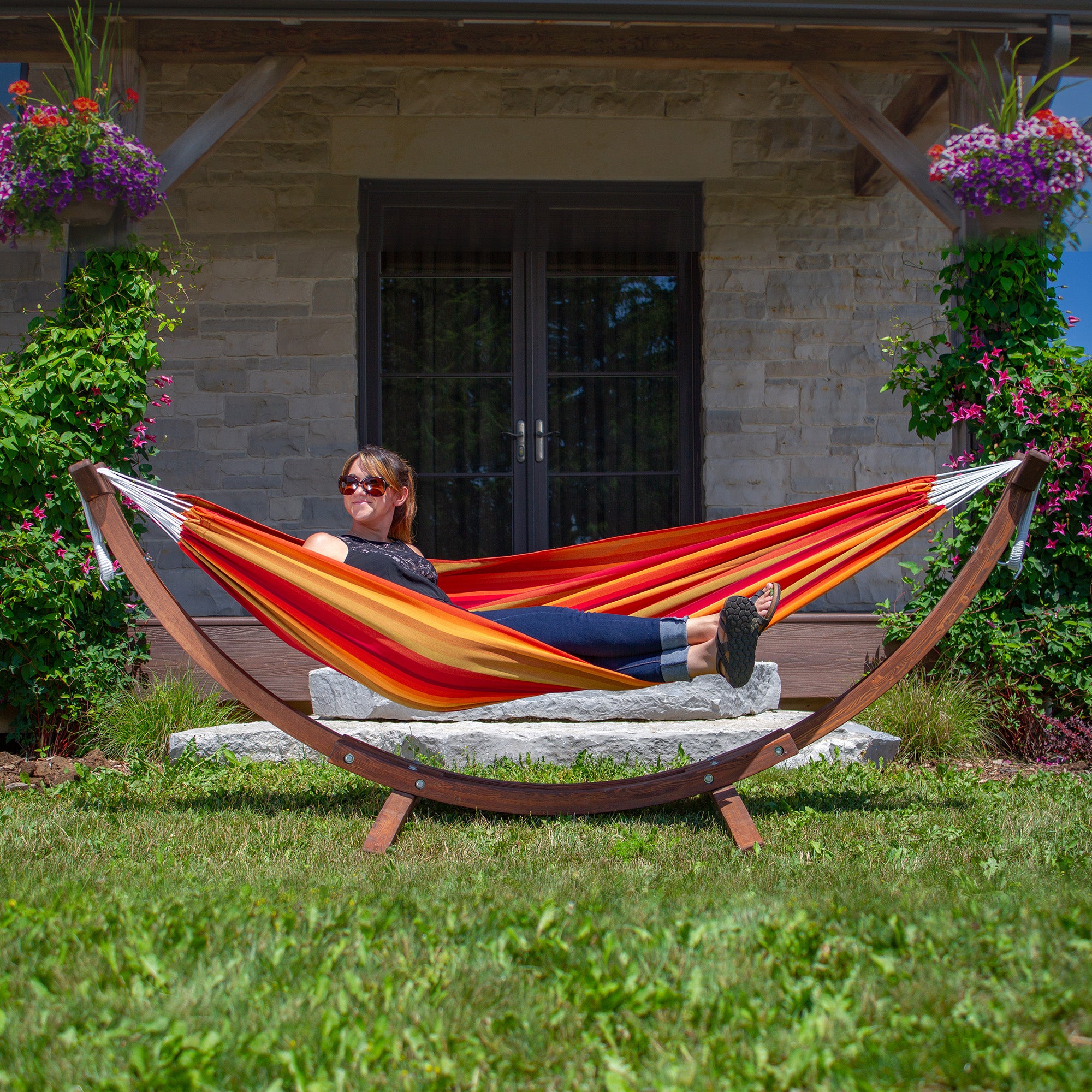 Double Sunbrella® Hammock with Solid Pine Stand (260cm) - Sunset