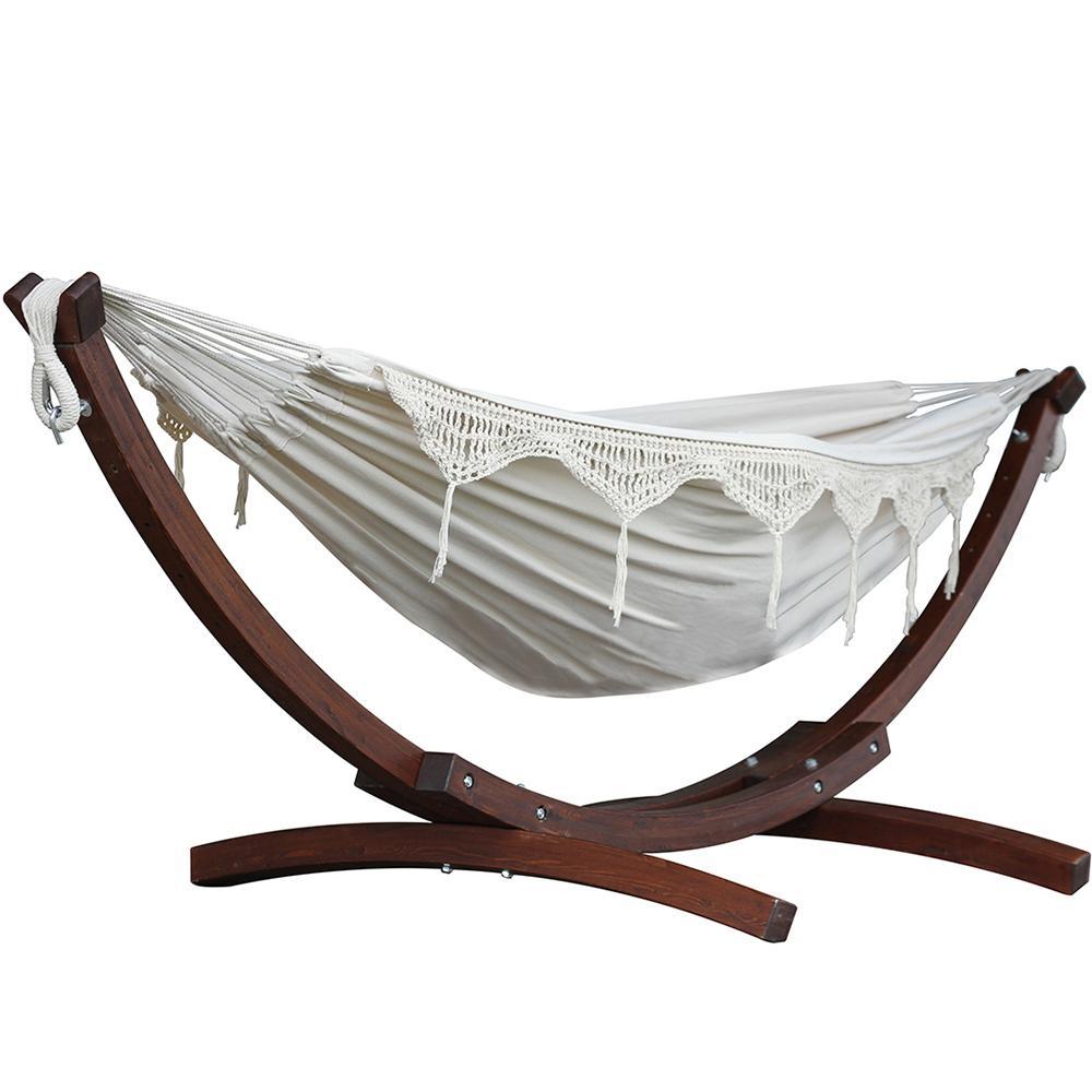 Double Cotton Hammock with Solid Pine Stand 260cm (FSC Certified) Natural with Fringe