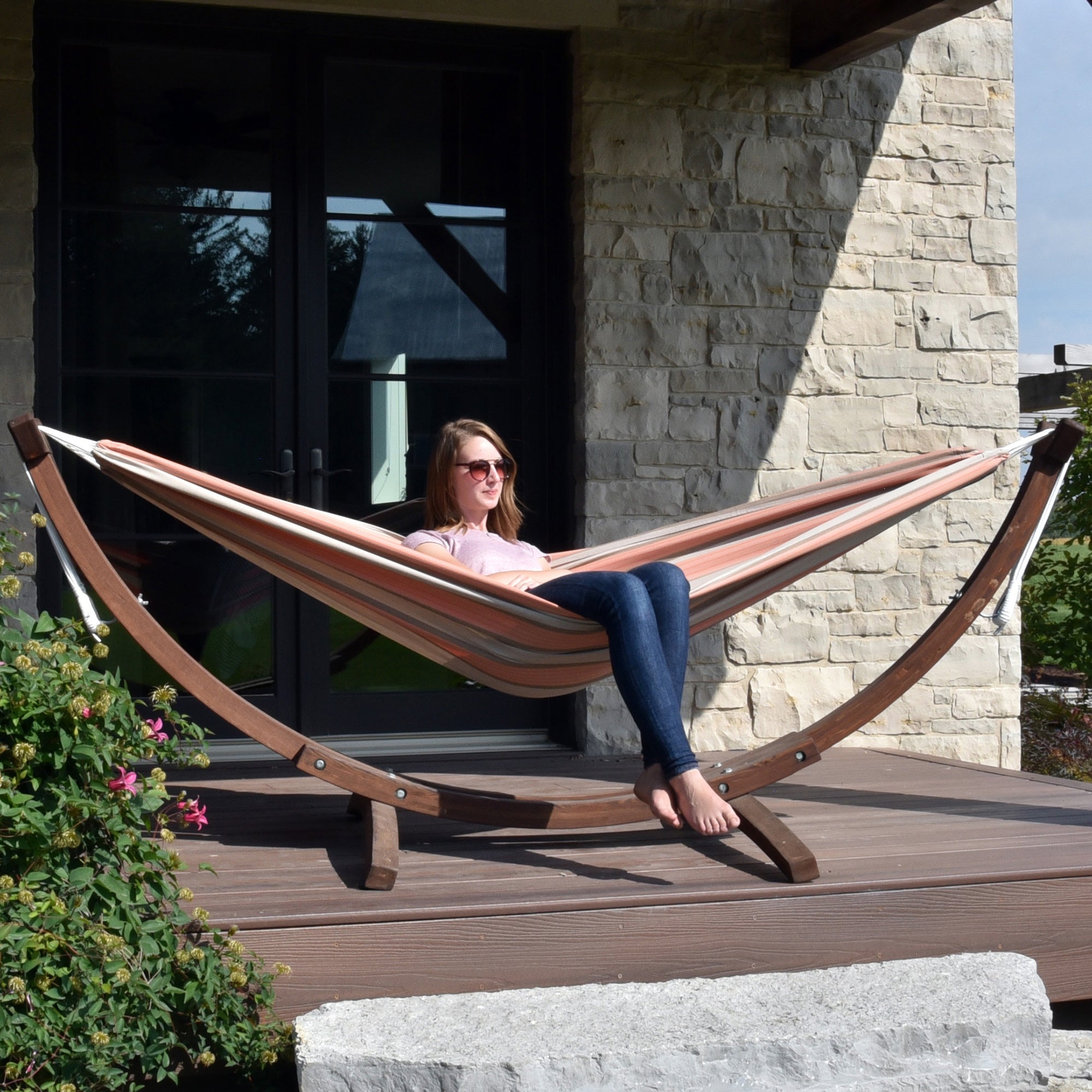 Double Sunbrella® Hammock with Solid Pine Stand (260cm) - Cameo