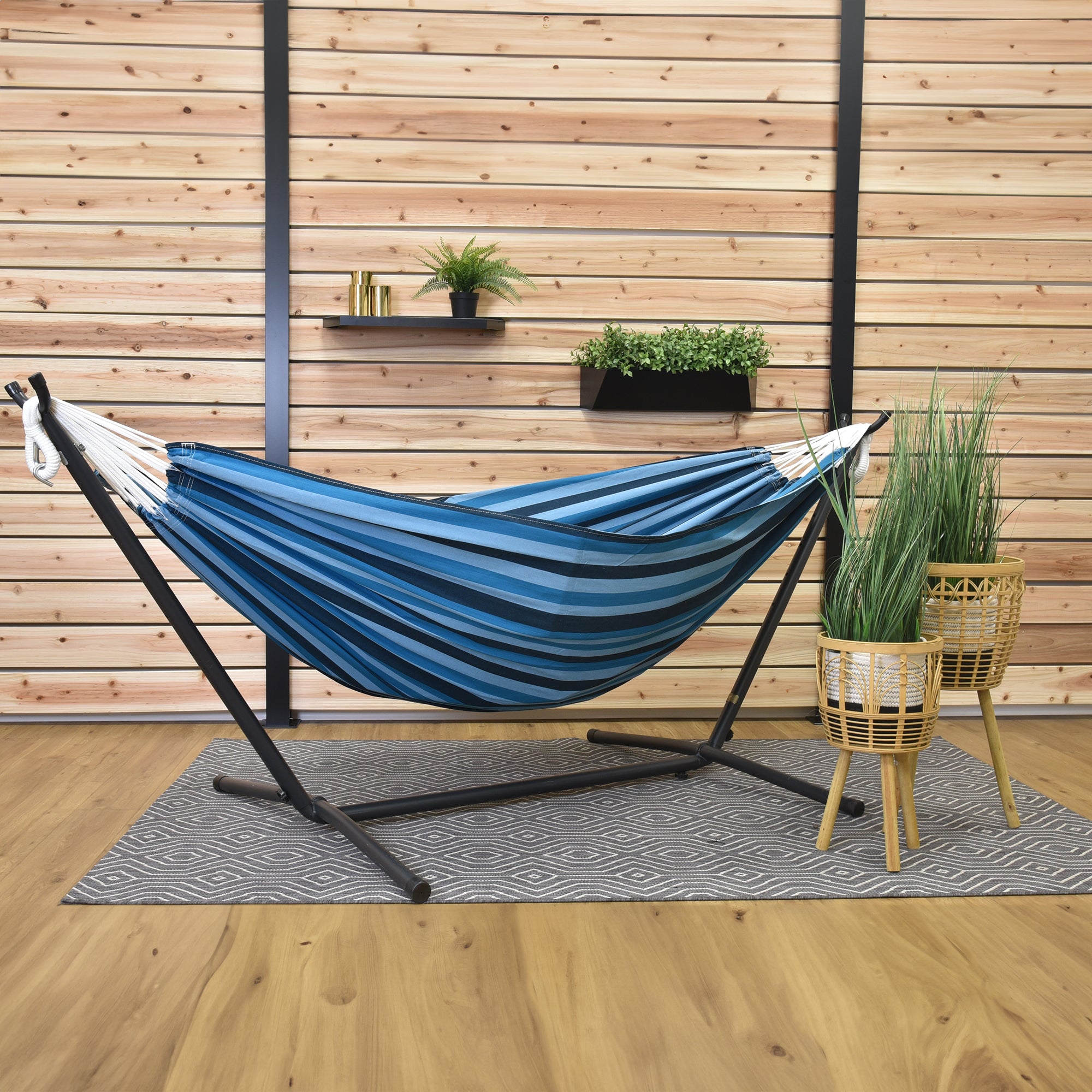 Double Cotton Hammock with Metal Stand Combo (250cm) Blue Lagoon