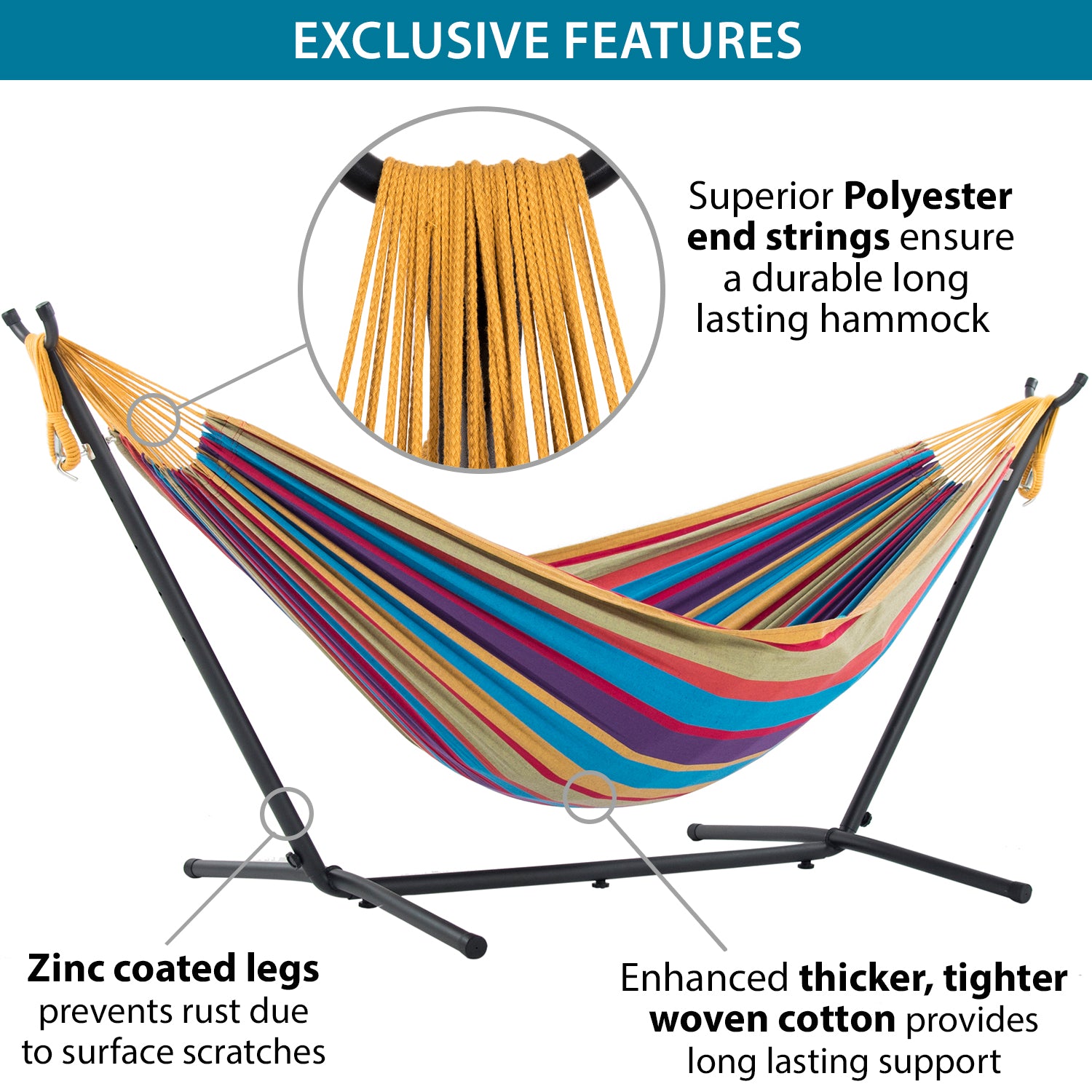 Double Cotton Hammock with Metal Stand Combo (250cm) Tropical