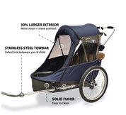 Wike Premium Double Children's Bike Trailer with Stroller & Jogging Kit - Navy & Brown