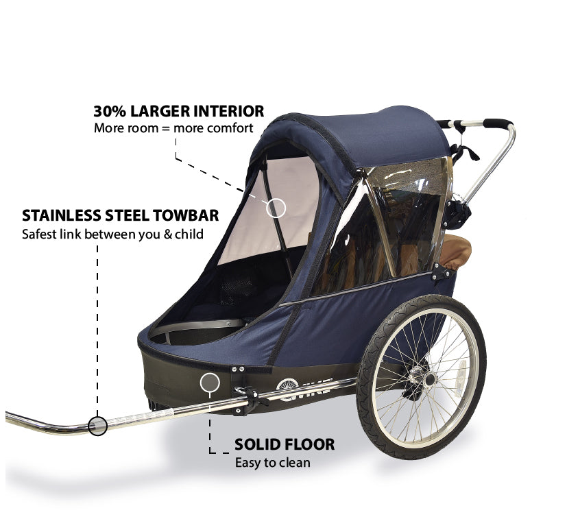 Wike Premium Double Children's Bike Trailer with Stroller & Jogging Kit - Navy & Brown