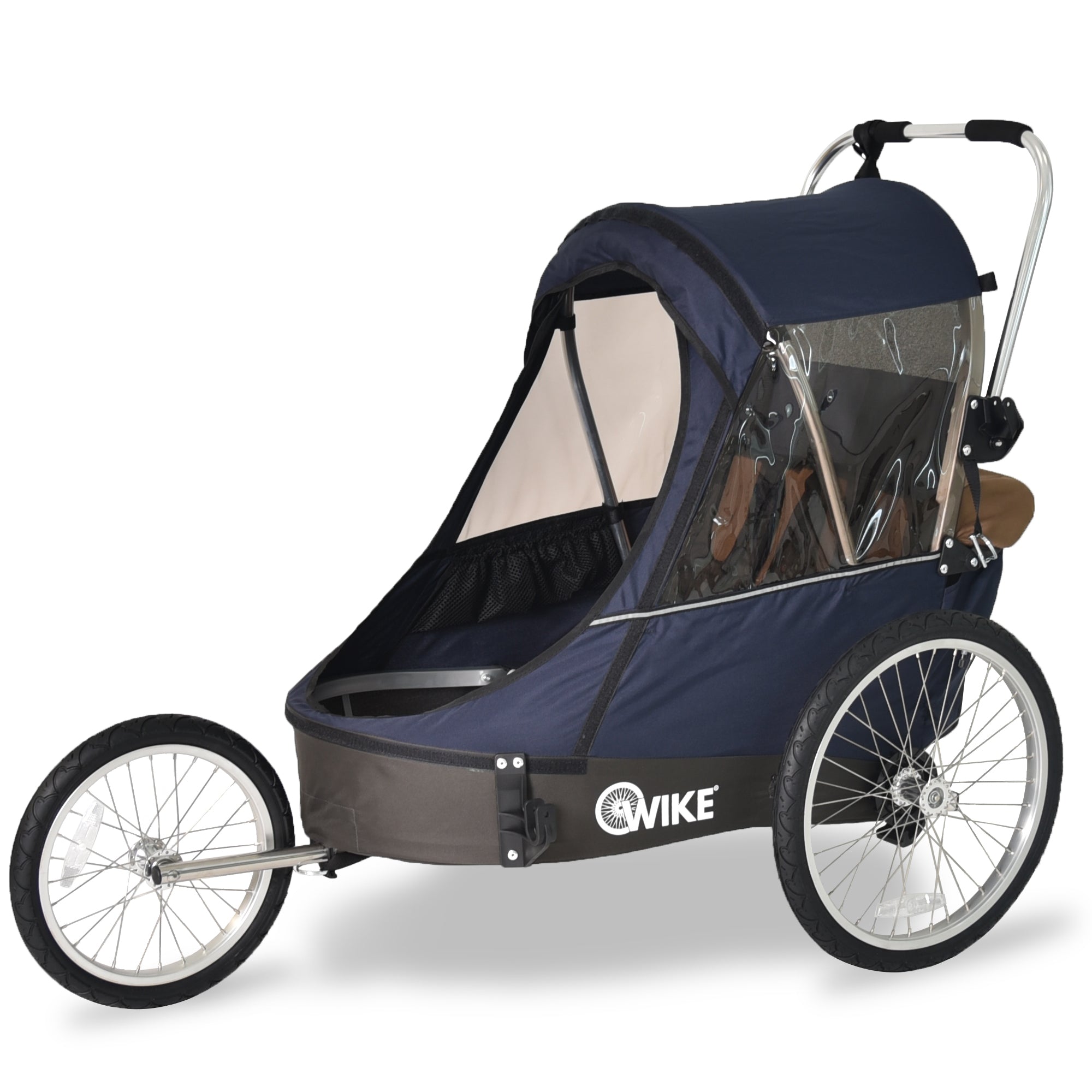 Wike Premium Double Children's Bike Trailer with Stroller & Jogging Kit - Navy & Brown